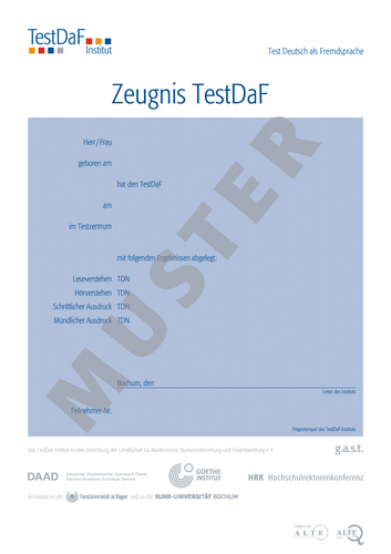 Musteransicht eines Zeugnisses für den TestDaF, 2017