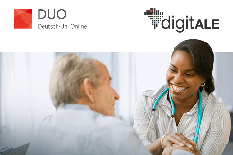 Pflegekraft betreut einen Senior. Zwei Logos sind zu sehen: DUO und digitALE