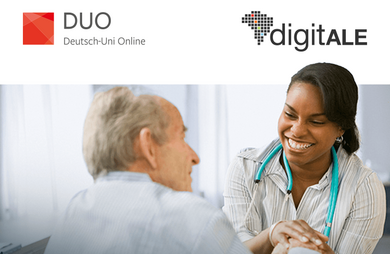 Pflegekraft betreut einen Senior. Zwei Logos sind zu sehen: DUO und digitALE