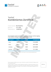 Abbildung eines Kombinierten Zertifikats für den digitalen TestDaF, dass sich Prüfungsteilnehmende aus den besten Ergebnissen zusammenstellen können. Die Ergebnisse könne aus den Prüfungen zusammengestellt werden, die in den letzten 6 Monaten abegelegt wurden. 
