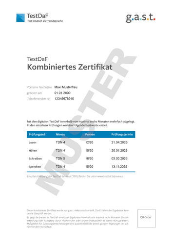 Abbildung eines Kombinierten Zertifikats für den digitalen TestDaF, dass sich Prüfungsteilnehmende aus den besten Ergebnissen zusammenstellen können. Die Ergebnisse könne aus den Prüfungen zusammengestellt werden, die in den letzten 6 Monaten abegelegt wurden. 