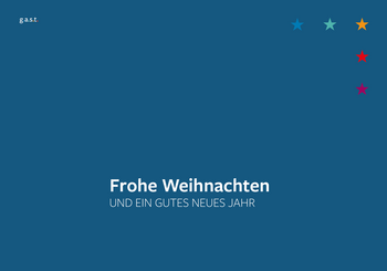 Auf blauem Hintergrund steht Zitat Frohe Weihnachten und ein gutes neues Jahr. Fünf Sterne in den Produktfarben sind in der rechten oberen Ecke platziert.