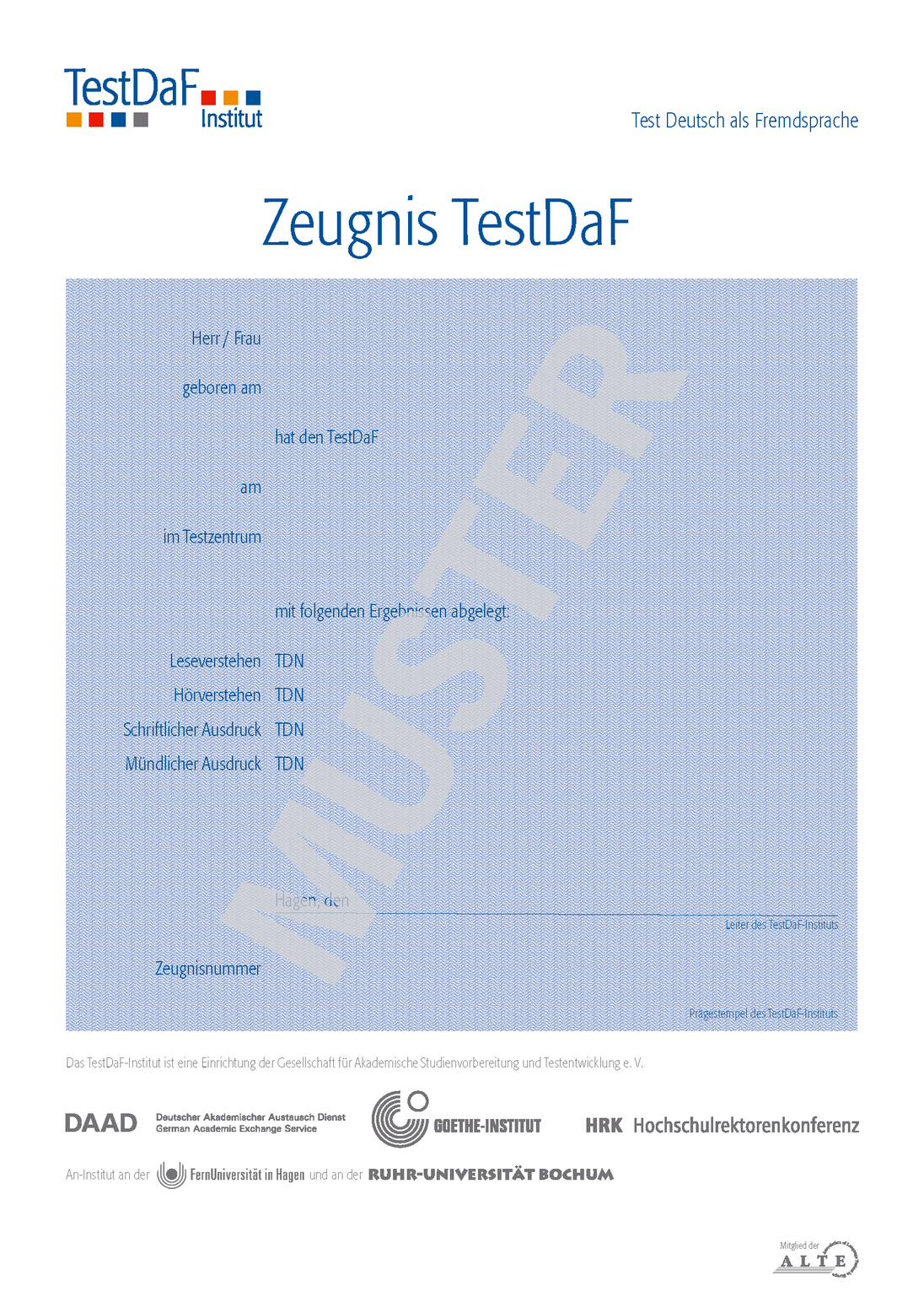 Musteransicht eines Zeugnisses für den TestDaF, 2006
