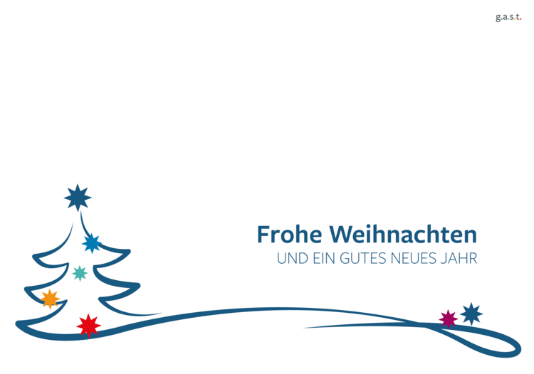 Weihnachtskarte mit Tannenbaum mit unten Sternen und Schriftzug Frohe Weihnachten und ein gutes neues Jahr von g.a.s.t.