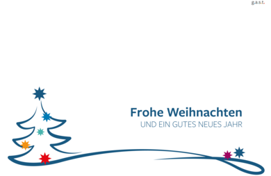 Weihnachtskarte mit Tannenbaum mit unten Sternen und Schriftzug Frohe Weihnachten und ein gutes neues Jahr von g.a.s.t.