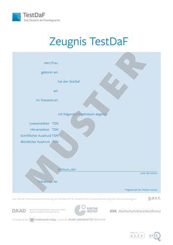 Musteransicht eines Zeugnisses für den TestDaF, 2019