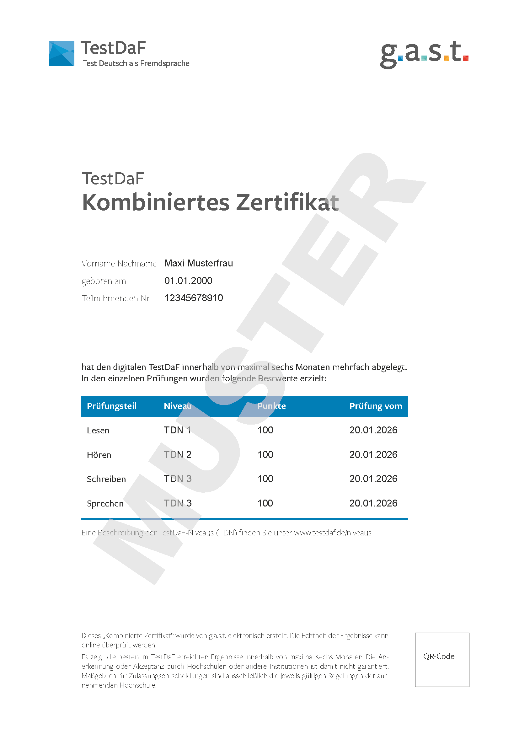 Abbildung eines Kombinierten Zertifikats für den digitalen TestDaF, dass sich Prüfungsteilnehmende aus den besten Ergebnissen zusammenstellen können. Die Ergebnisse könne aus den Prüfungen zusammengestellt werden, die in den letzten 6 Monaten abegelegt wurden. 