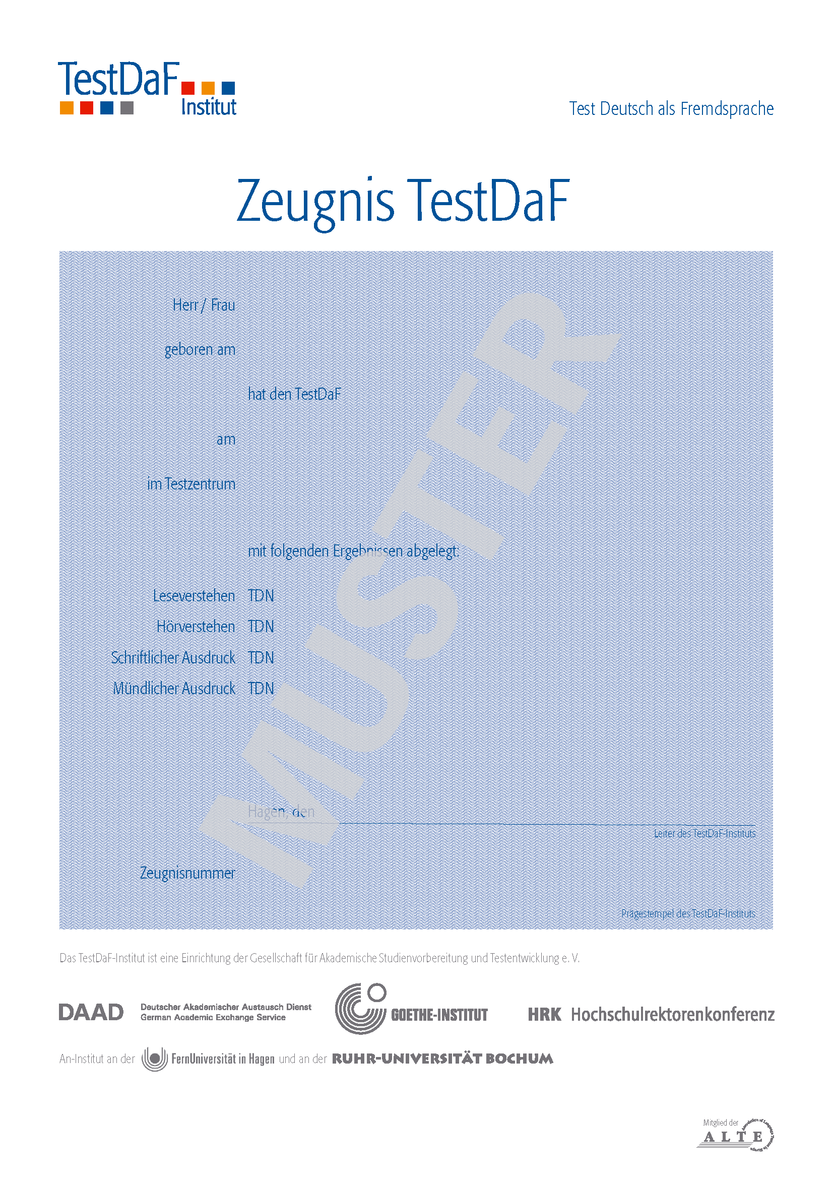 Musteransicht eines Zeugnisses für den TestDaF, 2006