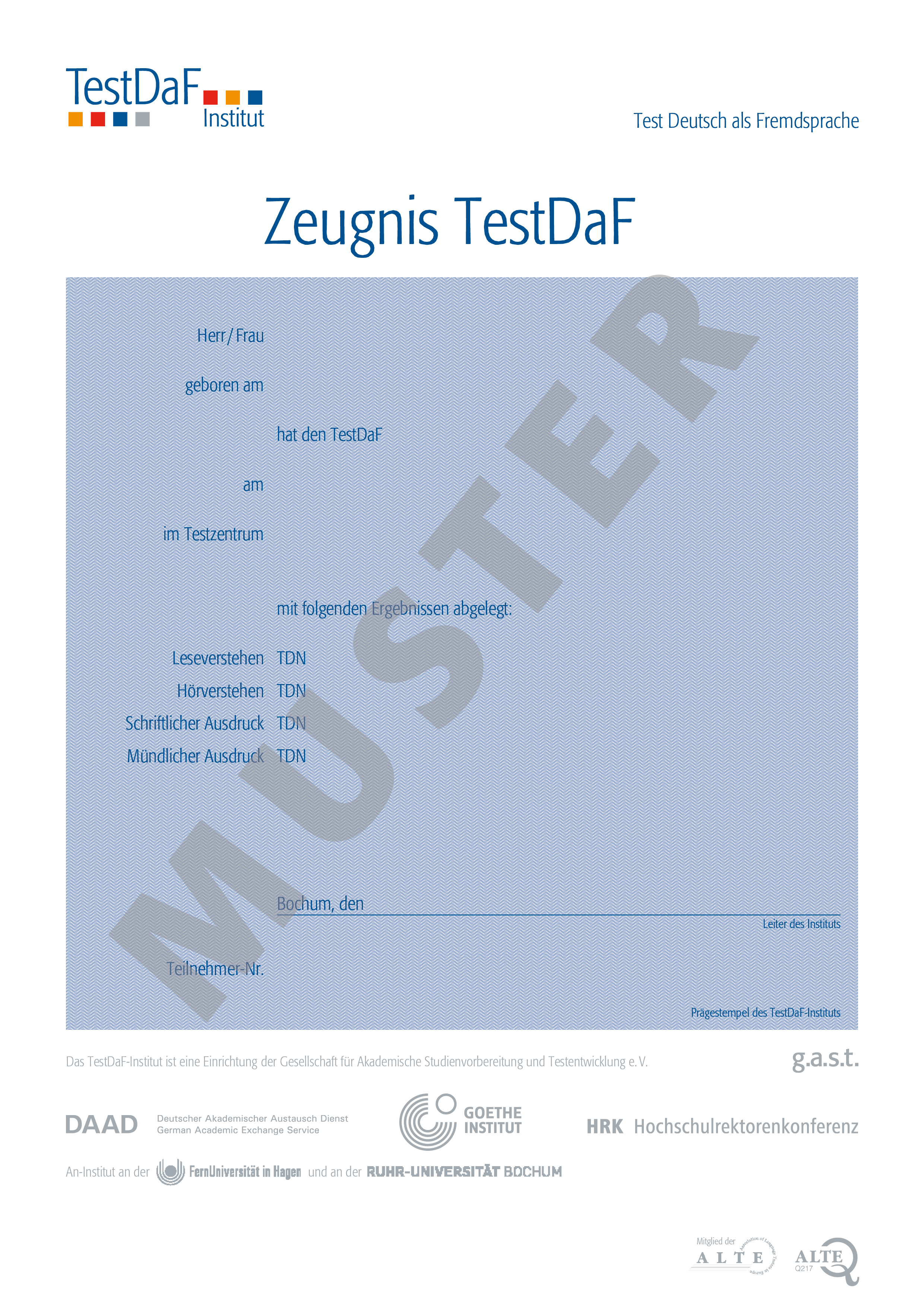Musteransicht eines Zeugnisses für den TestDaF, 2017