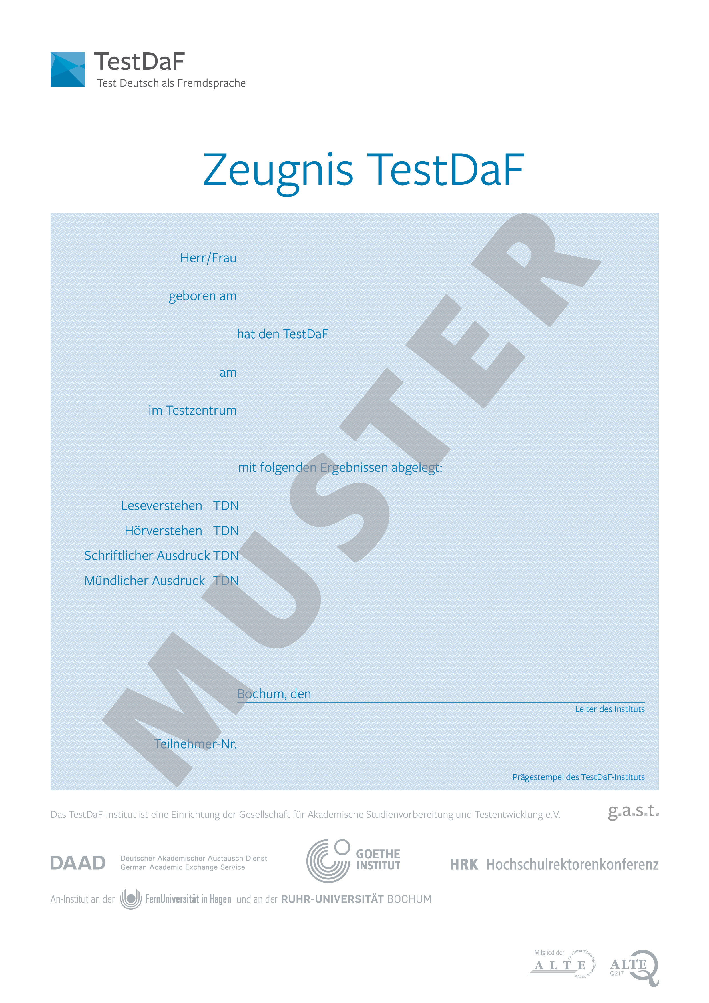 Musteransicht eines Zeugnisses für den TestDaF, 2019