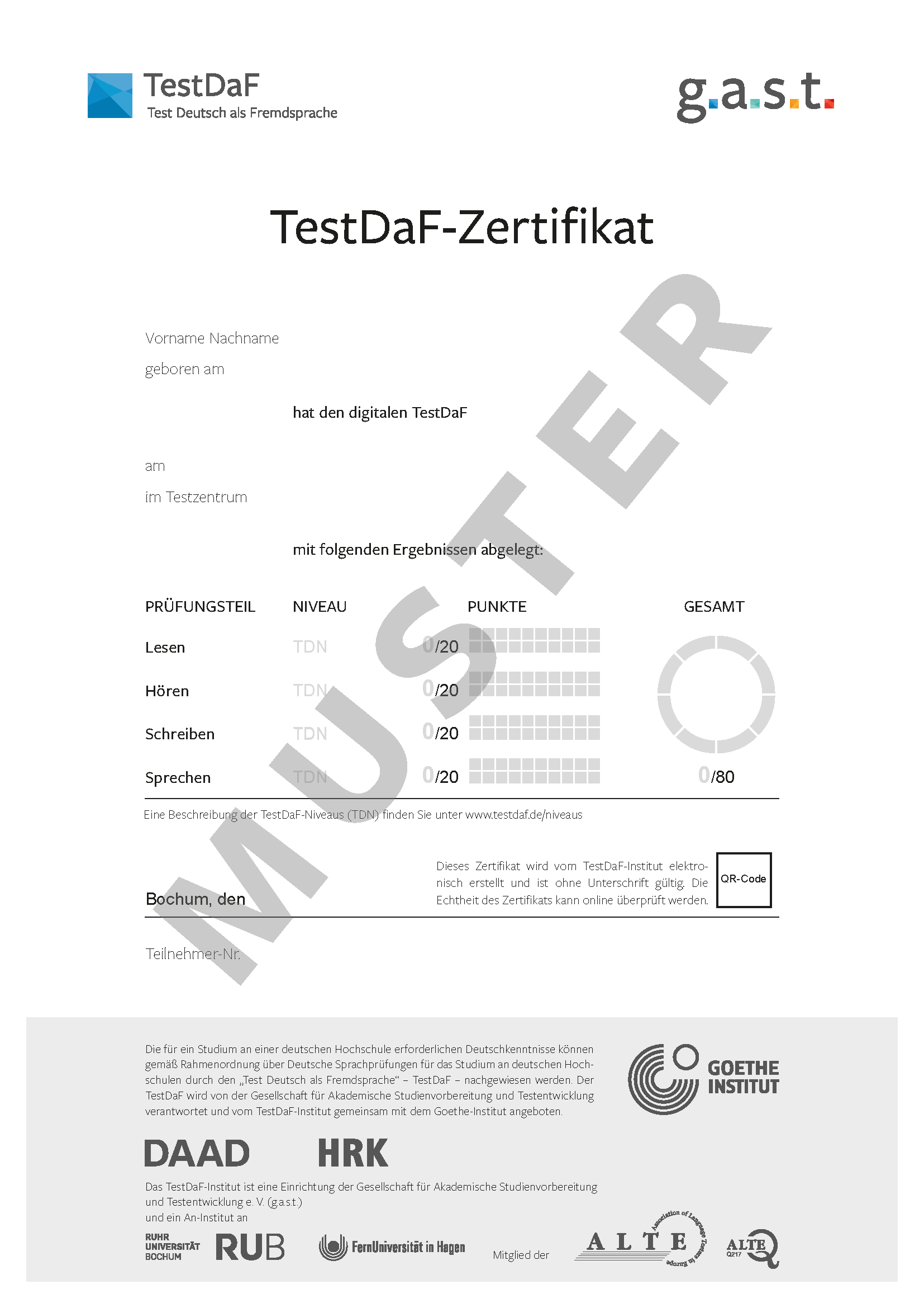 Muster: TestDaF-Zertifikat für den digitalen TestDaF Musteransicht eines TestDaF-Zertifikat für den digitalen TestDaF