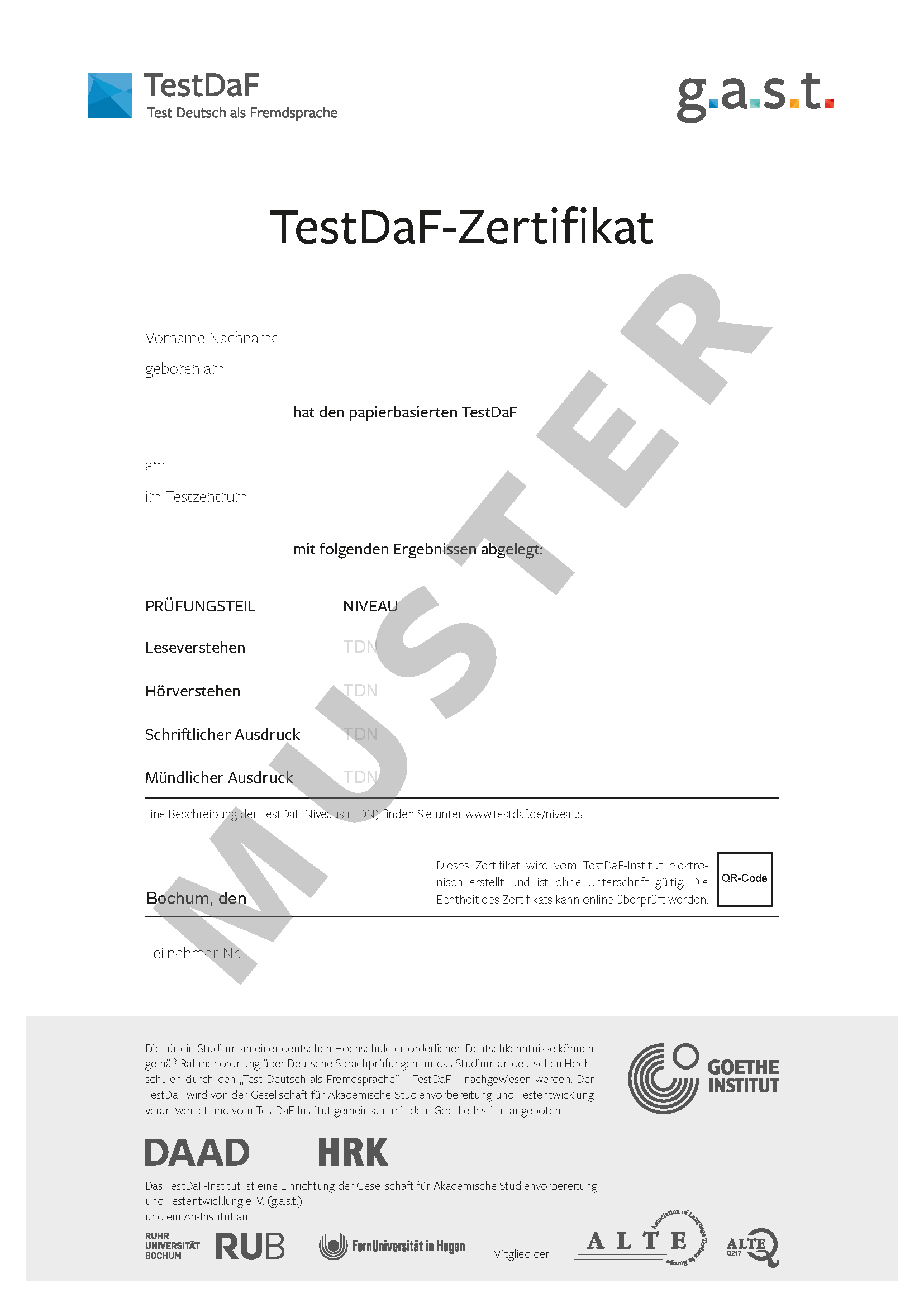 Muster: TestDaF-Zertifikat für den papierbasierten TestDaF Musteransicht eines TestDaF-Zertifikat für den papierbasierten TestDaF