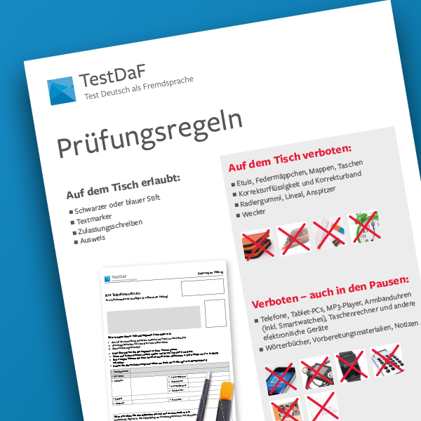 Auf blauem Hintergrund liegt das Plakat mit TestDaF Prüfungsregeln.