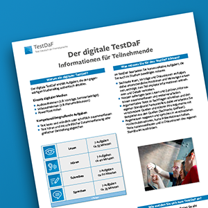 Imagebild für TestDaF-Materialien: Auf blauem Hintergrund liegt ein Produktblatt zum digitalen TestDaF.