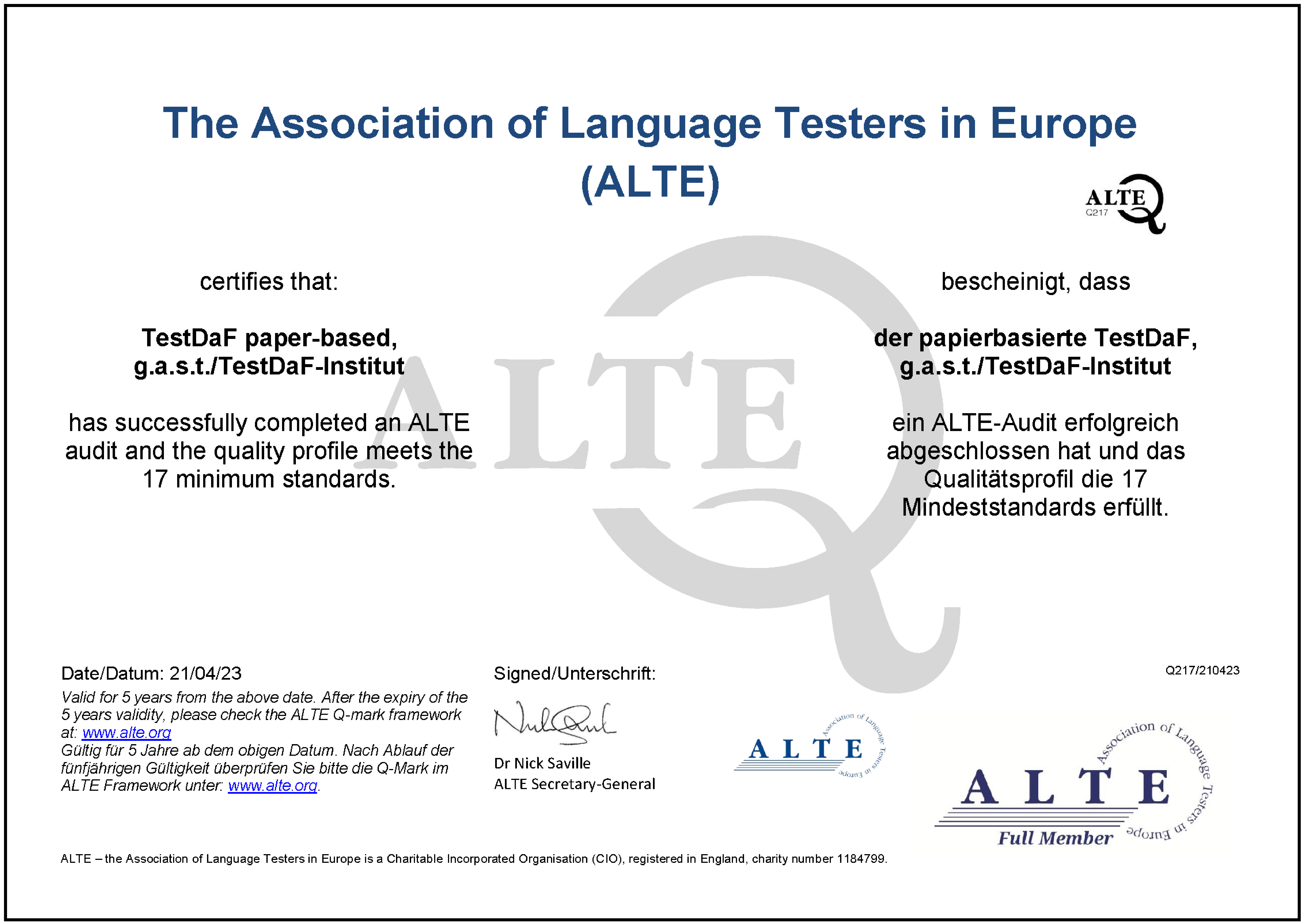 ALTE Q-Mark für den papierbasierten TestDaF