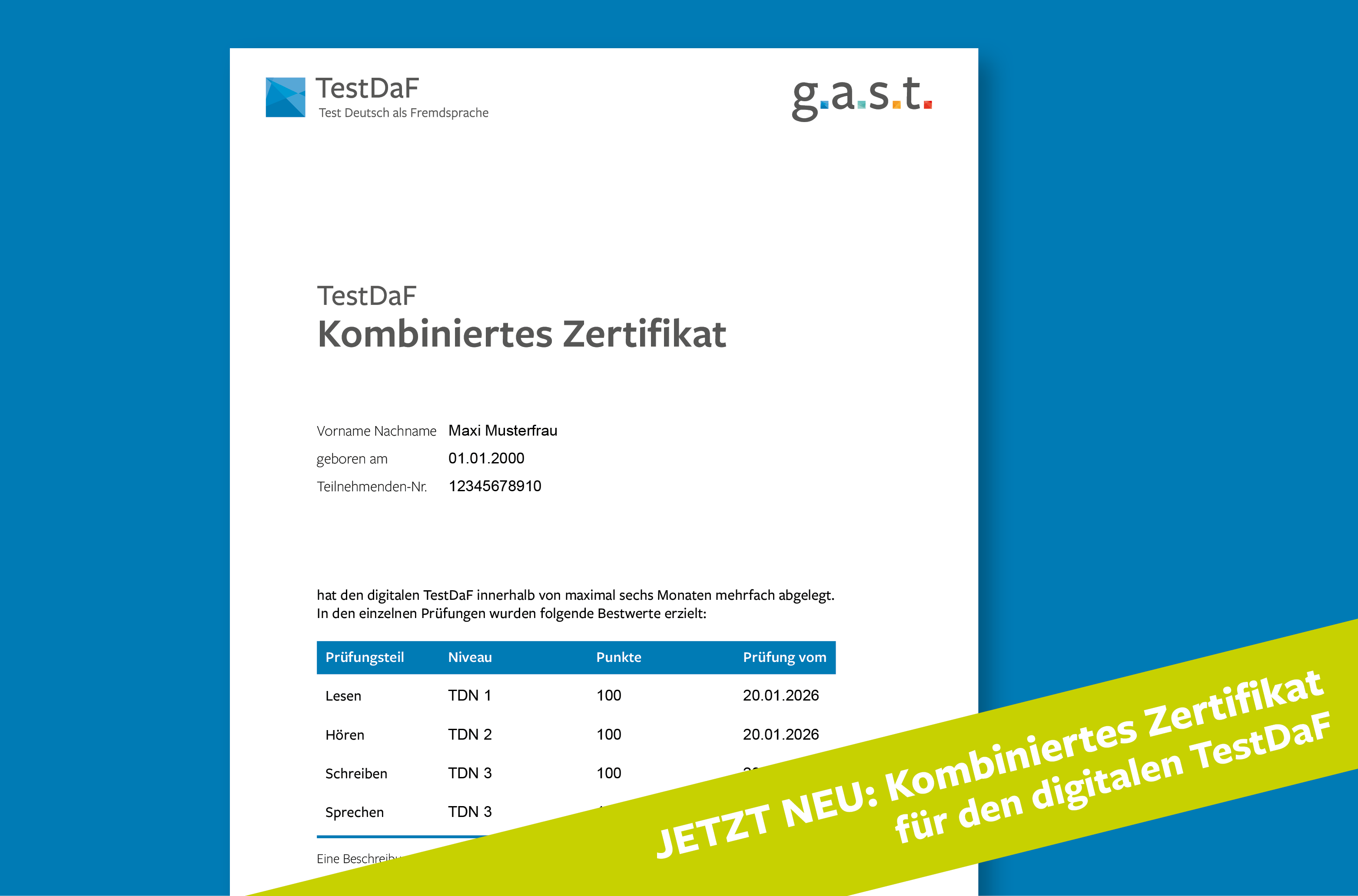 Ansicht des Kombinierten-Zertifikats für den digitalen TestDaF