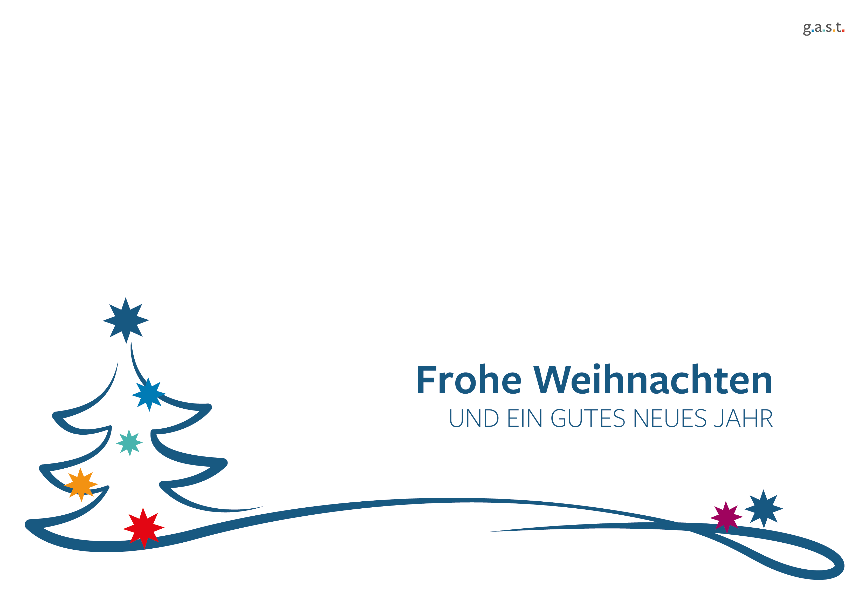 Weihnachtskarte mit Tannenbaum mit unten Sternen und Schriftzug Frohe Weihnachten und ein gutes neues Jahr von g.a.s.t.