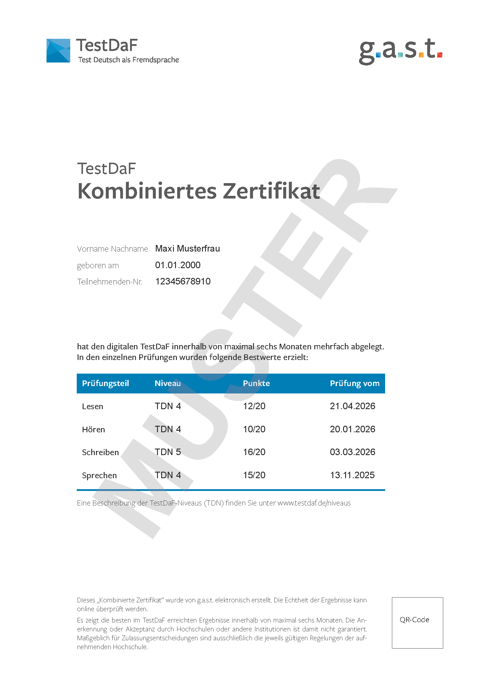 Abbildung eines Kombinierten Zertifikats für den digitalen TestDaF, dass sich Prüfungsteilnehmende aus den besten Ergebnissen zusammenstellen können. Die Ergebnisse könne aus den Prüfungen zusammengestellt werden, die in den letzten 6 Monaten abegelegt wurden. 